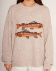 Fuzzy knit sweater
Fish graphic on front
Long sleeve
Unlined
Fish sweater
Sweater with fish on it 
Camping sweater