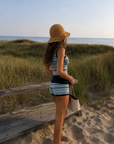 TOP
blue Striped knit off the shoulder top
Contrast trim
Unlined

BOTTOM
blue Striped knit mini shorts
Fold over waistband
Contrast trim
Elastic waistband
Unlined