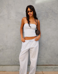 blue Striped lounge pant
Low waist
Wide leg
Side pockets
Adjustable elastic drawstring
Unlined