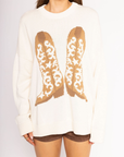Cowboy boot knit graphic sweater
Ribbed neckline and trim
Unlined