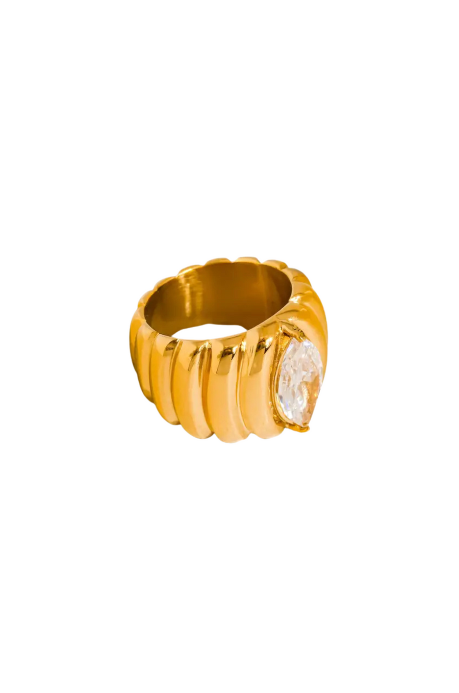 18K Gold Non-Tarnish Marquise
CZ Statement Ring
18K Gold Plating
Stainless Steel
Cubic Zirconia