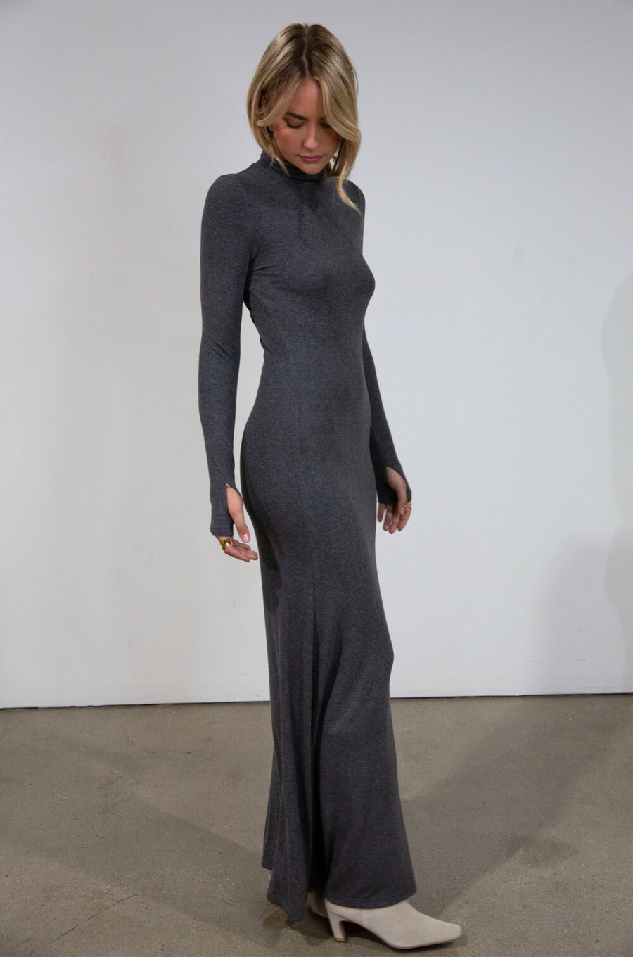 Ribbed knit maxi dress. Turtleneck. Long sleeves. Unlined. grey turtleneck maxi dress. fall dress. friendsgiving dress. thanksgiving dress.