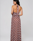 Polka dot maxi dress
Halter neckline
Adjustable neck tie
Ruched waist
V neckline
Partially lined
brown and blue polka dot maxi dress