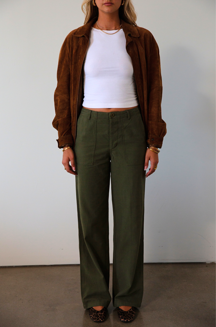 Woven utility pants. Button fly. Four pocket construction. Unlined. green pants. fall outfit.