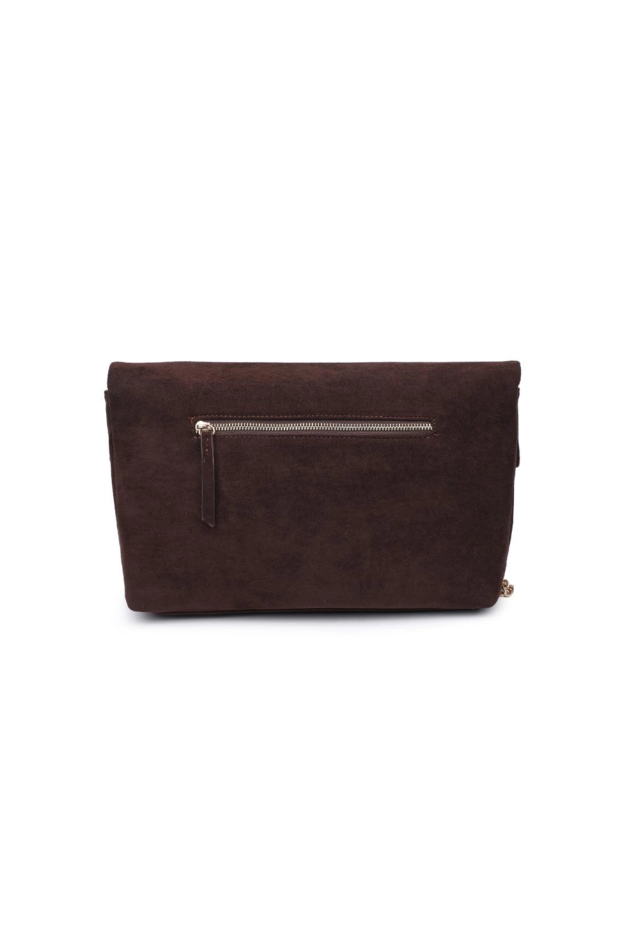 Crossbody faux suede purse
Removable chain strap
Outer zip pocket
Inner zip and slip pocket
Magnetic closure
Lined
Vegan Leather
chocolate brown faux seule clutch purse 
fall bag
fall clutch