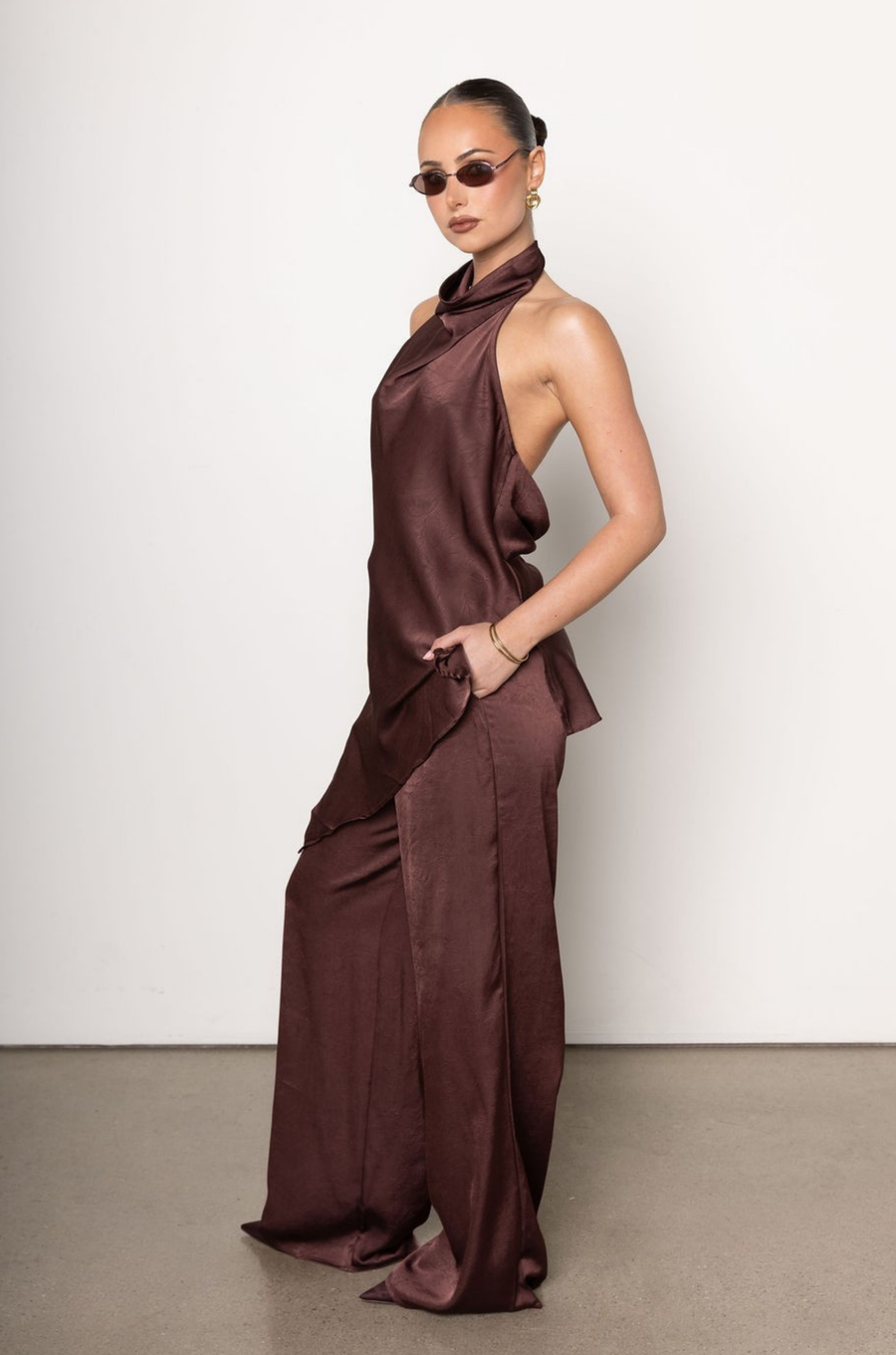 Brown satin pant and tank top set