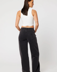 Relaxed fit straight leg jeans. Mid rise. Button and zipper fly. Five pocket construction. Unlined. black denim jeans.