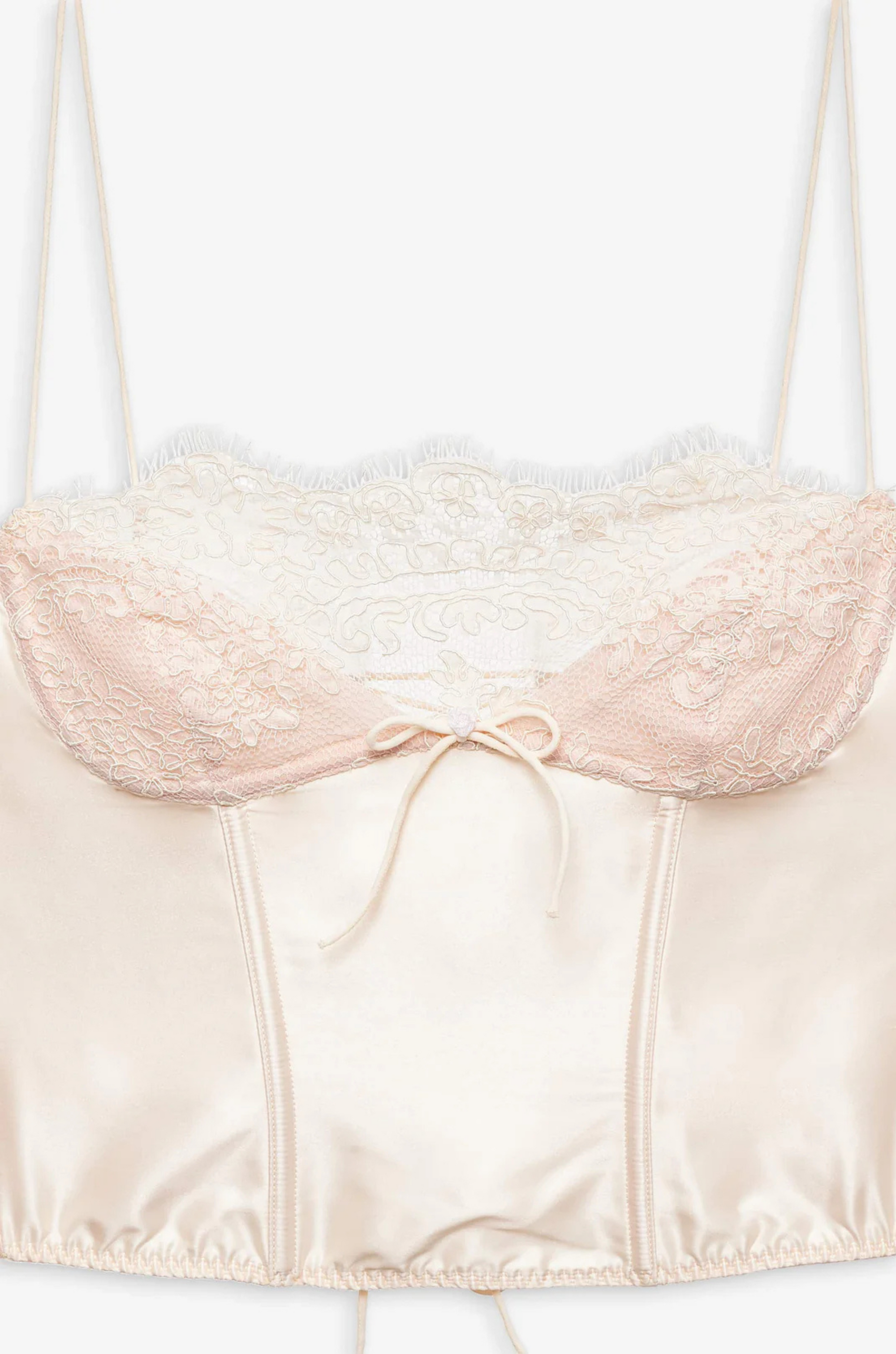 cream Sleek satin bustier with lace detailing
Fully boned bodice
Adjustable lace-up back
Skinny tie bow
Rosette adornments
Lined at cups
Adjustable shoulder straps
Polyester/Elastane
cream ligneire bustier top