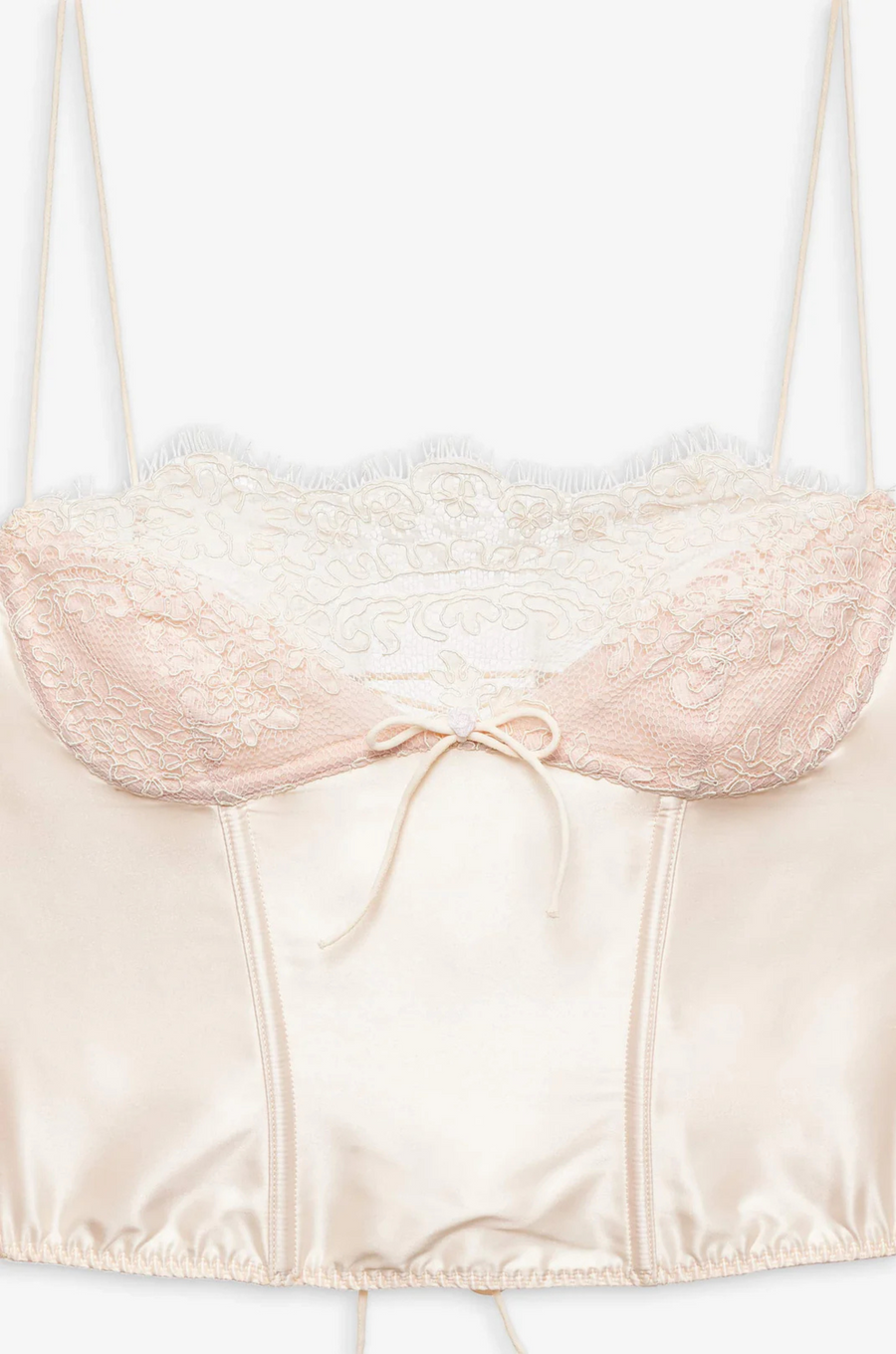 cream Sleek satin bustier with lace detailing
Fully boned bodice
Adjustable lace-up back
Skinny tie bow
Rosette adornments
Lined at cups
Adjustable shoulder straps
Polyester/Elastane
cream ligneire bustier top