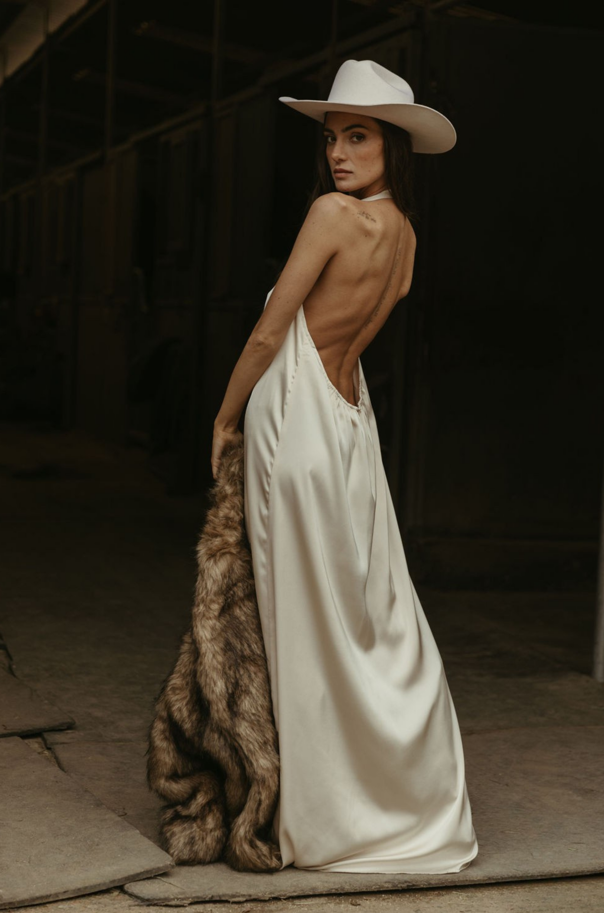 Satin maxi dress. Fixed halter strap. Elastic back strap. Fully lined. ivory satin maxi dress. 