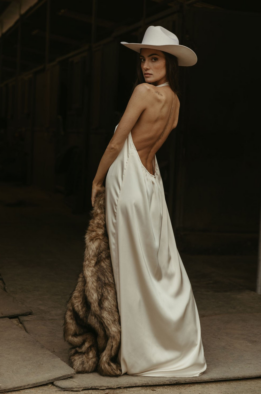 Satin maxi dress. Fixed halter strap. Elastic back strap. Fully lined. ivory satin maxi dress. 