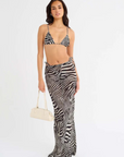 Zebra printed bikini triangle top
Adjustable over the shoulder straps
Adjustable tunneling at underbust
Adjustable ties at back underbust
Fully lined