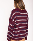 Fuzzy striped collared oversized sweater
Long sleeve
3/4 button up closure
Unlined
burgundy striped knit sweater