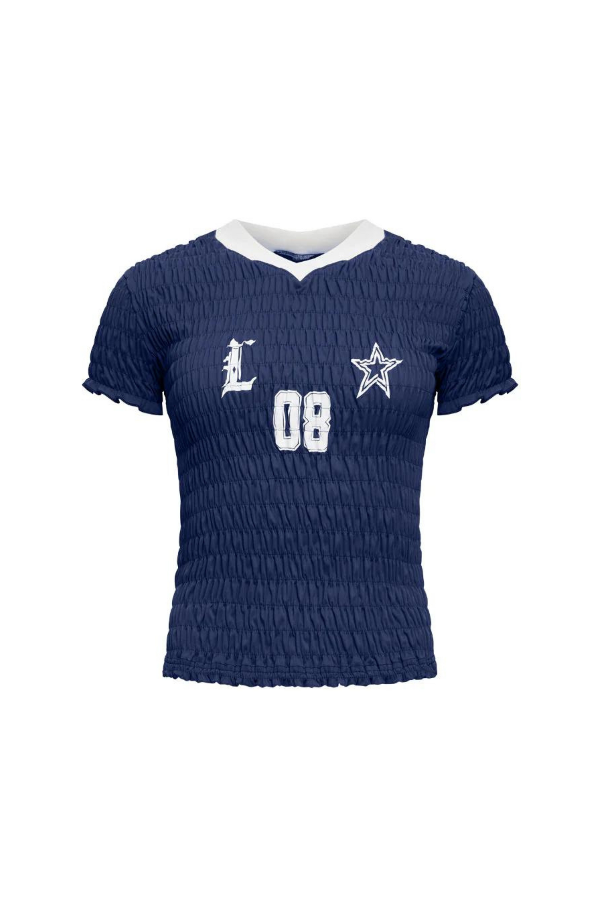 Graphic printed elastic smocked crop top. V-neckline. Short sleeves. Contrast detailing. navy tee. lioness scrunched graphic tee