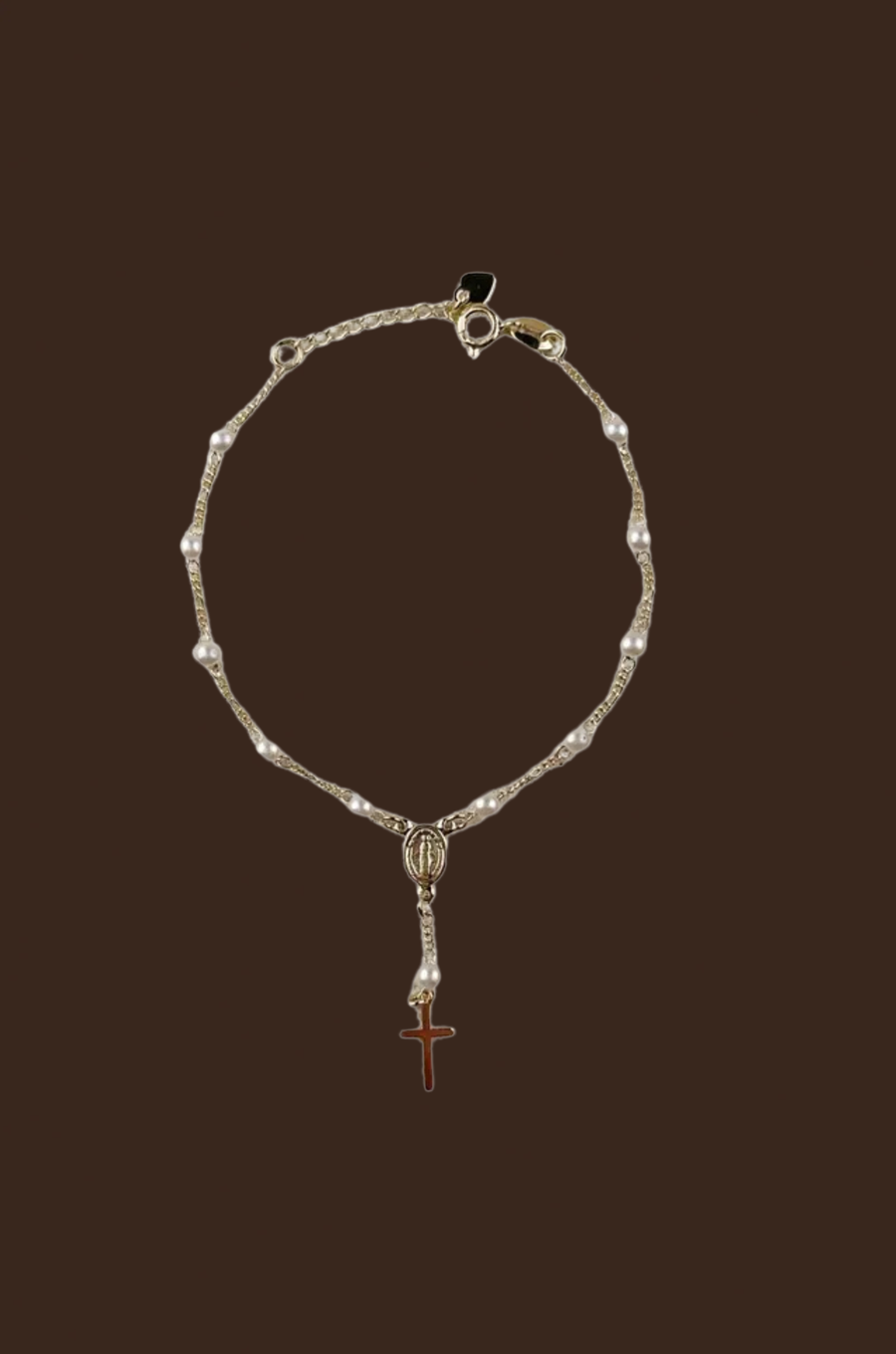 18k gold filled pearl and figaro rosary bracelet