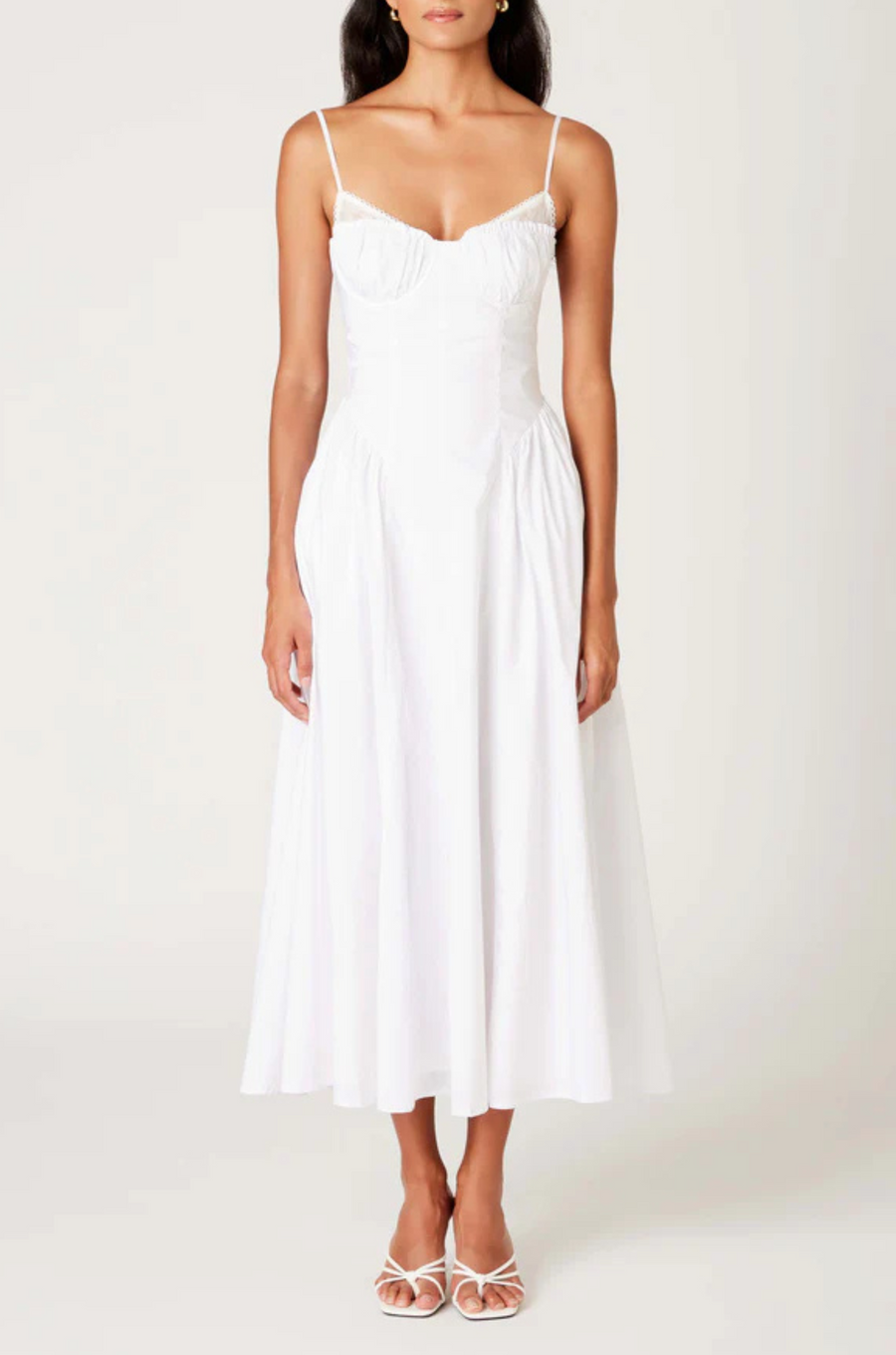 White Bustier style midi dress
Ruched detailing
Adjustable spaghetti straps
Open back with clasp closure
Flowing A-line skirt
Lined
Bridal outfit
bachelorette dress
bridal shower dress