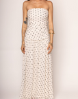 Chiffon polka dot maxi dress
Strapless
Tube top
Side cinching
Inner rubber grip lining
Back zipper closure
Lined
Cream and black polka dot maxi dress
bridal dress
Summer maxi dress