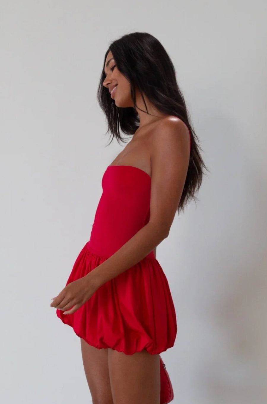 Sleeveless dress. Knit bodice. Woven bubble skirt. Elastic hem. Fully lined. red bubble dress. red mini dress. red mini bubble dress. summer dress. going out dress