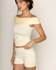 Knit striped off the shoulder top
Unlined
yellow and white striped off the shoulder top
summer top