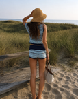 TOP
blue Striped knit off the shoulder top
Contrast trim
Unlined

BOTTOM
blue Striped knit mini shorts
Fold over waistband
Contrast trim
Elastic waistband
Unlined