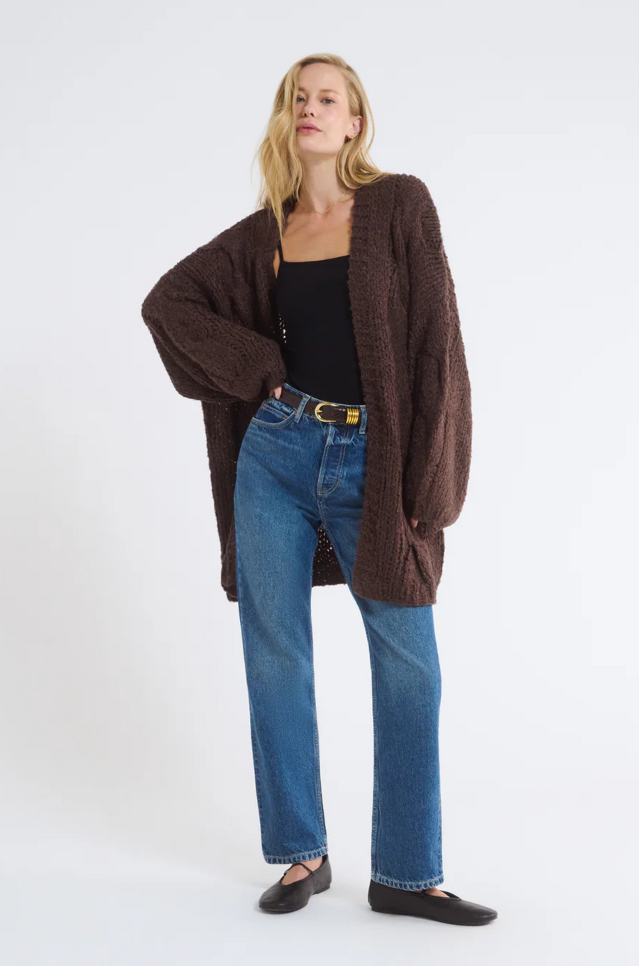 brown Fuzzy hand knit cardigan
Cable knit
Heavy gauge loose cable knit
Open cardigan
Acrylic/Polyester
brown cardigan
fall cardigan
fall sweater
fall outfit