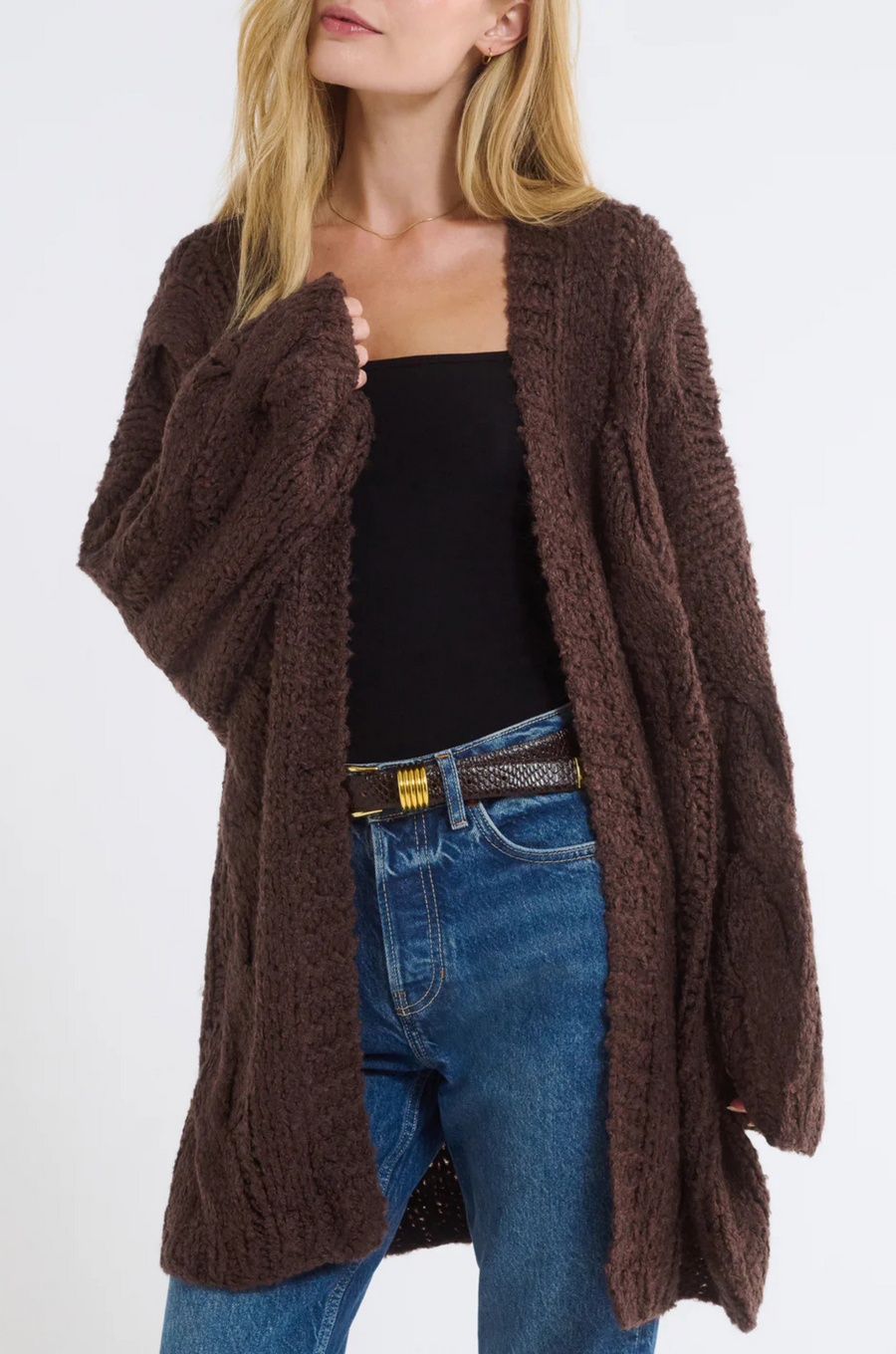 brown Fuzzy hand knit cardigan
Cable knit
Heavy gauge loose cable knit
Open cardigan
Acrylic/Polyester
brown cardigan
fall cardigan
fall sweater
fall outfit