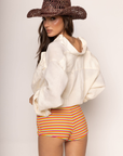 Striped swim short
Elastic waistband
Lined
rainbow colored shorts
bikini cover up
bikini shorts
striped multicolored micro shorts