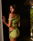 green dyed Off the shoulder mini dress
bodice cut out
sexy resort
sexy going out dress
Cinched side
