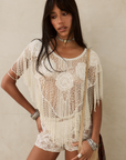 WHITE Lace mini short
Elastic waistband
Unlined/Sheer