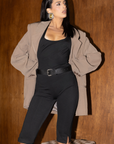 Halter capri jumpsuit
Scoop neckline and backline
Removable belt
Neck button closure
Lined
Length: 42" / Inseam: 14"
Polyester/Spandex
black jumpsuit 