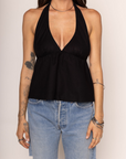 Linen halter top
Adjustable neck tie
Low plunge neckline
Ruching under the bust to create a gathered look
Unlined
black cotton halter top
going out top
summer top