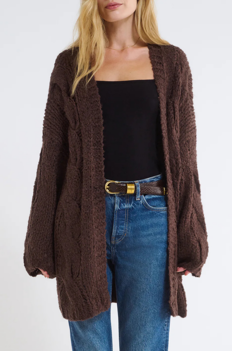 brown Fuzzy hand knit cardigan
Cable knit
Heavy gauge loose cable knit
Open cardigan
Acrylic/Polyester
brown cardigan
fall cardigan
fall sweater
fall outfit