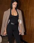 Halter capri jumpsuit
Scoop neckline and backline
Removable belt
Neck button closure
Lined
Length: 42" / Inseam: 14"
Polyester/Spandex
black jumpsuit 