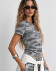 grey Camo short sleeve top
Contrast crew neckline
Short sleeve
Unlined