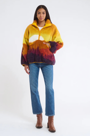 Plush Sherpa Jacket
Jersey bonded
Soft fuzzy interior
Contrast yellow nylon accents
Zip front henley with collar
Raglan sleeve
Zipper pockets at waist
Polyester
sunset jacket
mountain jacket
sherpa jacket