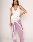 pink Satin pants
red Lace trim
Adjustable tie waistband
Unlined
Cute lounge pants
dressed up loungewear
