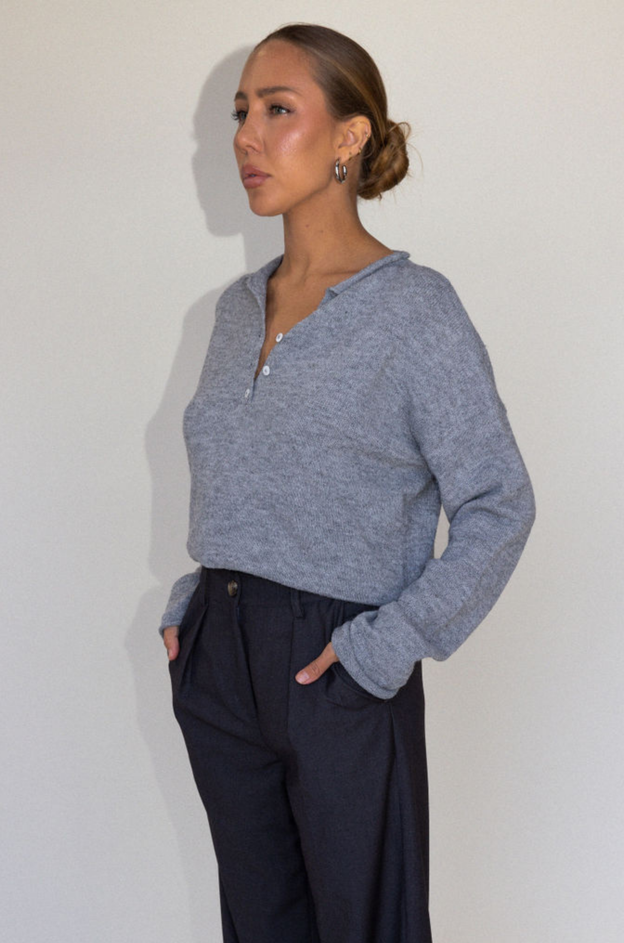 Fuzzy heather crochet knit sweater. Henley quarter neckline with button down closures. Long sleeves. Unlined. brown pullover. grey sweater. fall sweater. fall outfit