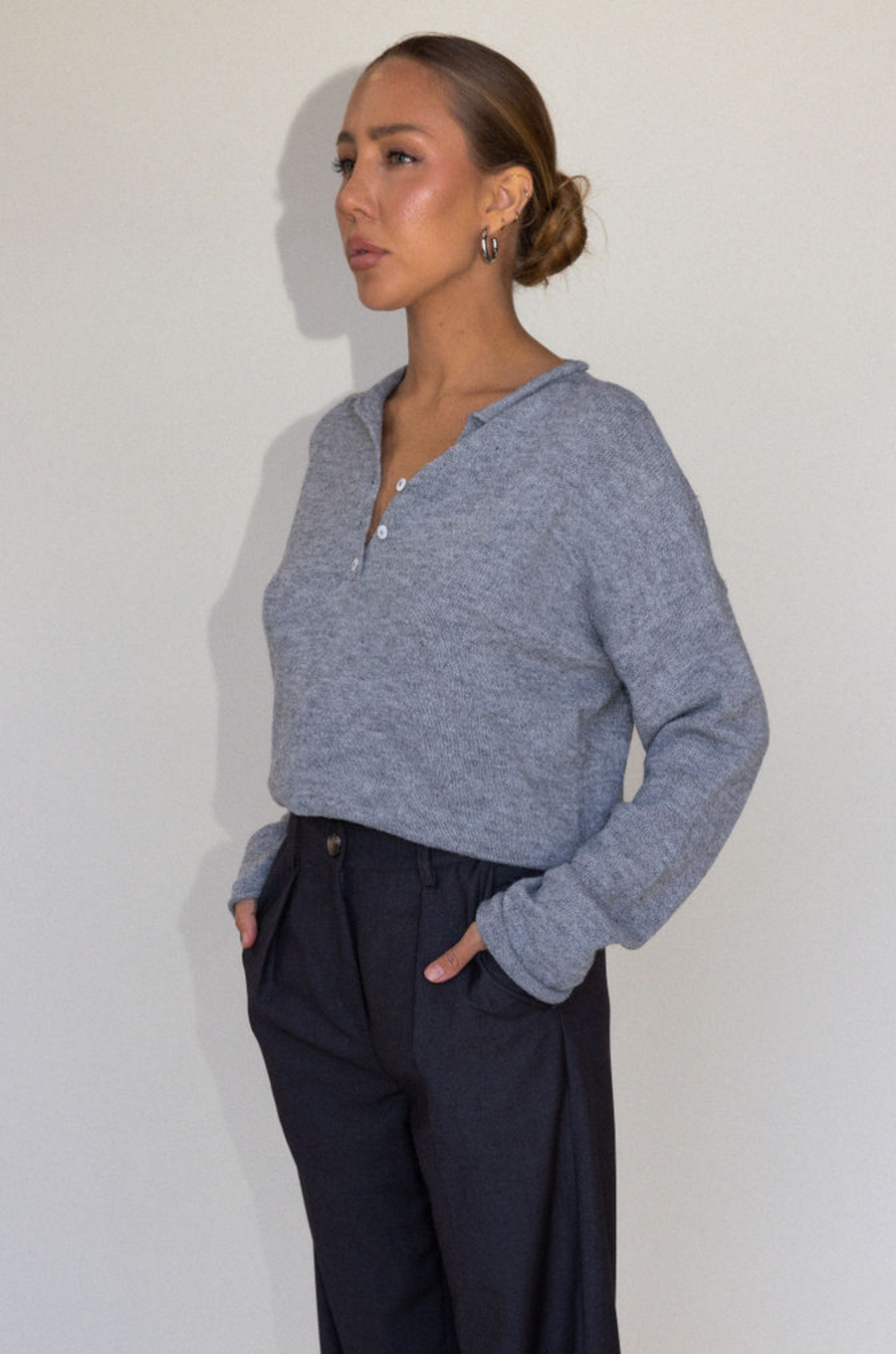 Fuzzy heather crochet knit sweater. Henley quarter neckline with button down closures. Long sleeves. Unlined. brown pullover. grey sweater. fall sweater. fall outfit