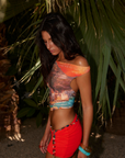 orange Sunset graphic mesh halter off the shoulder top
Open back
Can be worn off the shoulder or as a halter neck with a cowl neckline
Lined
resort wear