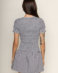 black and white Gingham printed smocked mini dress
Short sleeve
Has stretch
Unlined
Polyester
smocked bodice
summer mini dress
european summer outfit inspo