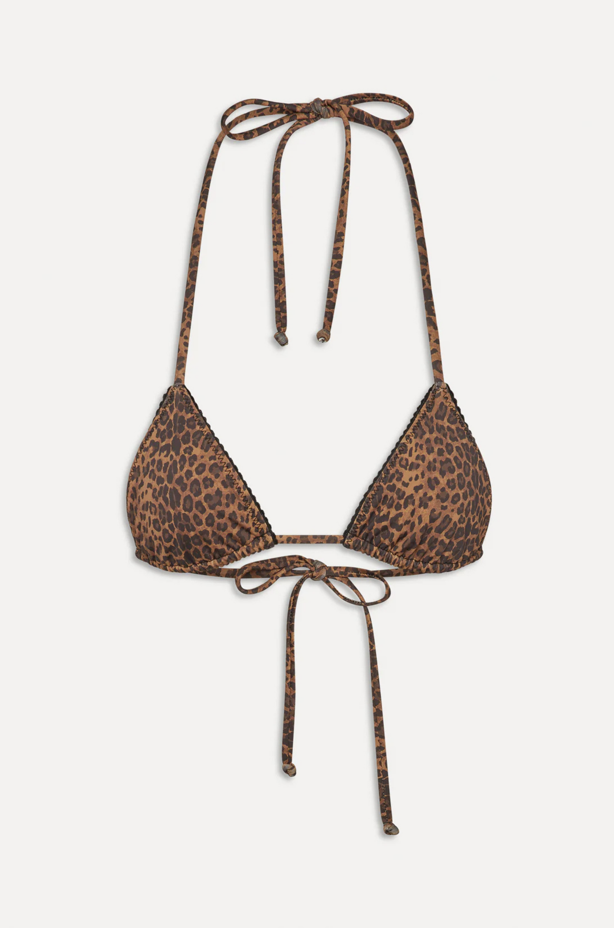 Animal print triangle bikini top
Adjustable string ties that wrap around the neck and back
Halter bikini top with skimpy coverage
Special trim detailing