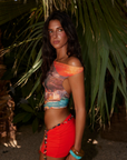 orange Sunset graphic mesh halter off the shoulder top
Open back
Can be worn off the shoulder or as a halter neck with a cowl neckline
Lined
resort wear