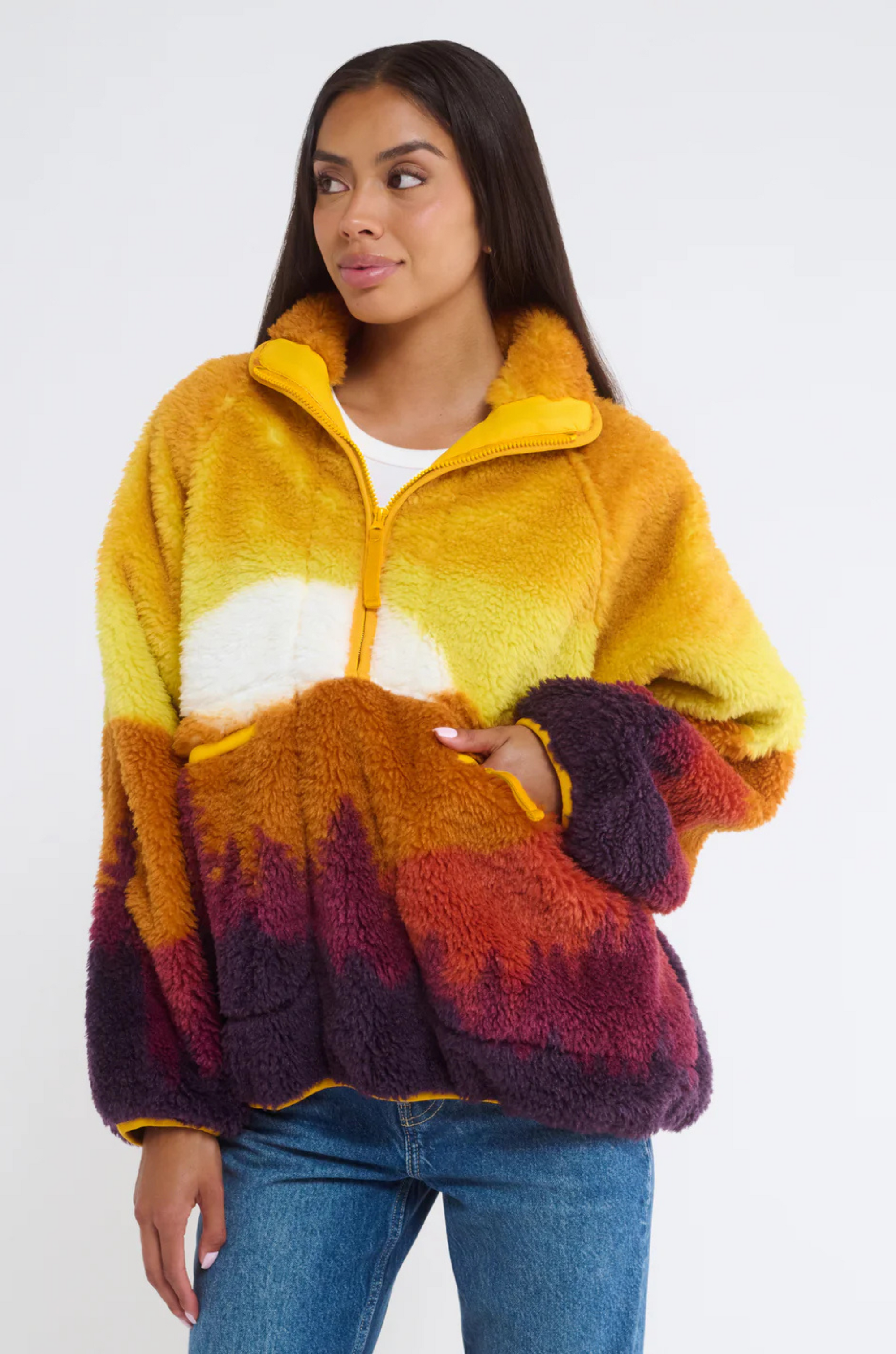 Plush Sherpa Jacket
Jersey bonded
Soft fuzzy interior
Contrast yellow nylon accents
Zip front henley with collar
Raglan sleeve
Zipper pockets at waist
Polyester
sunset jacket
mountain jacket
sherpa jacket