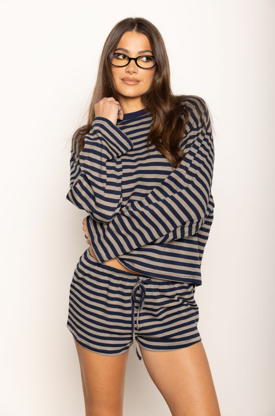 TOP
Striped long sleeve top
Crewneck top

BOTTOM
Striped mini shorts
Elastic waistband
Adjustable drawstring

navy and taupe striped short and long sleeve top
cute lounge wear