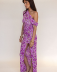 purple Floral printed maxi dress
Off the shoulder
Shirring on sides
Side slit
wedding guest dress
summer wedding guest dress