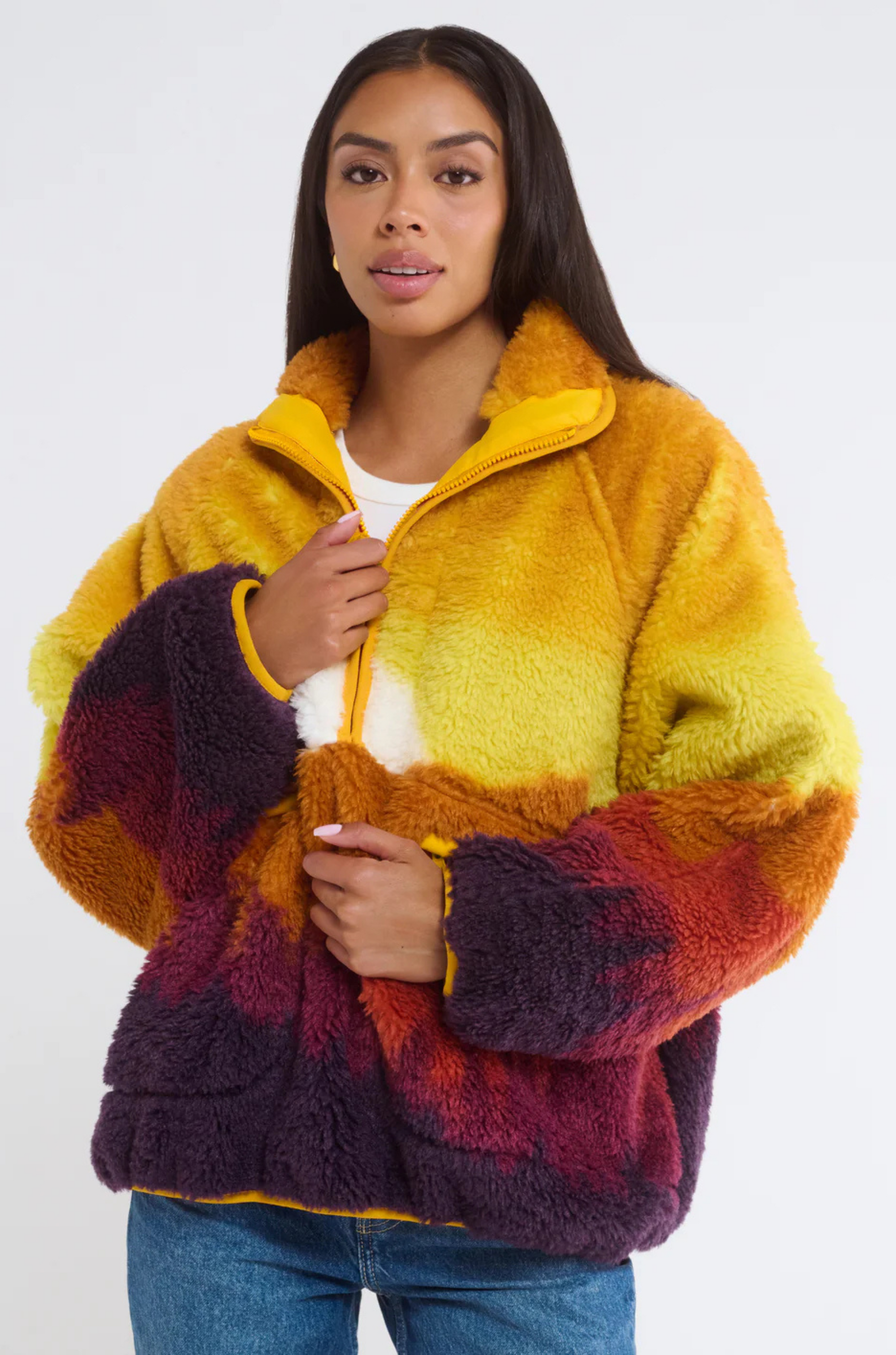 Plush Sherpa Jacket
Jersey bonded
Soft fuzzy interior
Contrast yellow nylon accents
Zip front henley with collar
Raglan sleeve
Zipper pockets at waist
Polyester
sunset jacket
mountain jacket
sherpa jacket