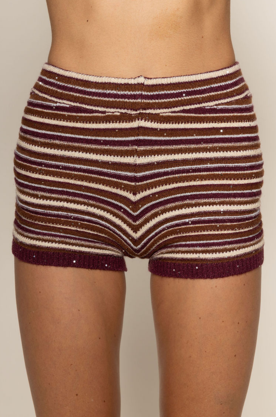 Striped metallic gauzy knit micro shorts
Sequins detail throughout