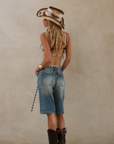 Baggy denim jort
Longline denim shorts
Low rise
5 pocket construction
Belt loops
Button/fly closure
Unlined
