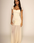 Mesh off the shoulder maxi dress
Rouched bodice
Back zipper closure
Partially lined in nude pink fabric
Partially sheer
cream colored maxi dress
butter yellow half sheer maxi dress
yellow wedding guest dress