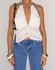 cream white Chiffon woven smocked halter top
Adjustable neck and back tie
Ruffle detail
Backless
Partially lined/sheer
bachelorette top outfit
going out top outfit
white tank top